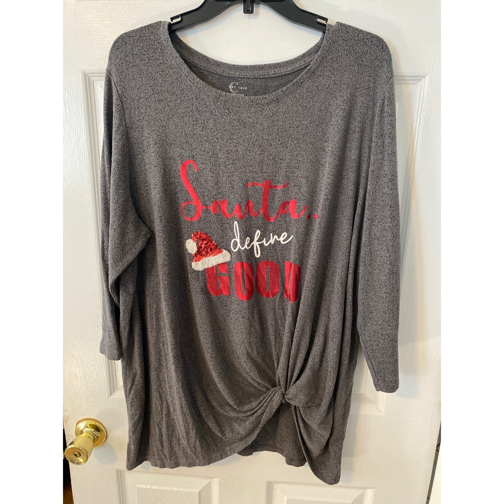 Catherines Est 1946 Womens 18/20W Gray Santa Define Good Holiday Knot Front Top